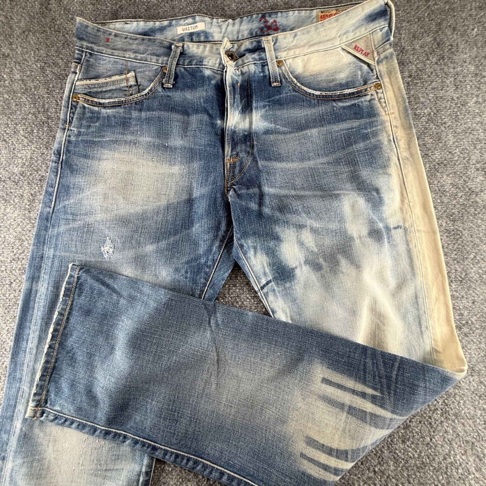 Replay Waitom Regular Slim Fit Jeans 34x32 Blue Heavy Wash Distressed M983C